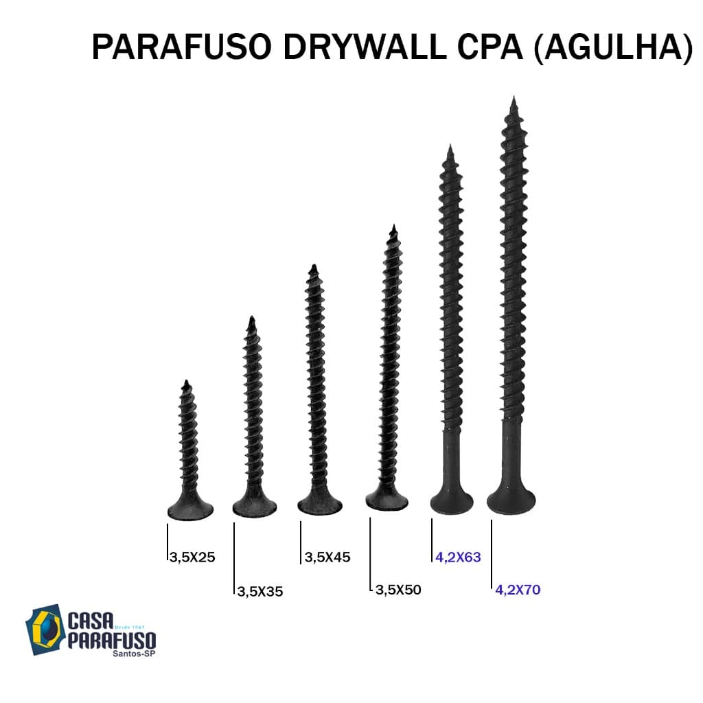 PARAFUSO DRYWALL PHILIPS PONTA AGULHA - AÇO CARBONO - GESSO, MADEIRA, PERFIL METÁLICO - KIT 100 PÇS