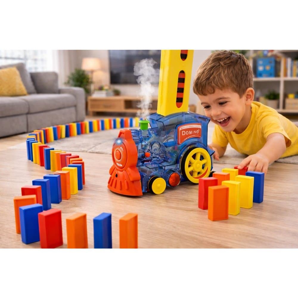 Trem Dominó Automático com Luz, Som e Fumaça – Brinquedo Educativo Infantil