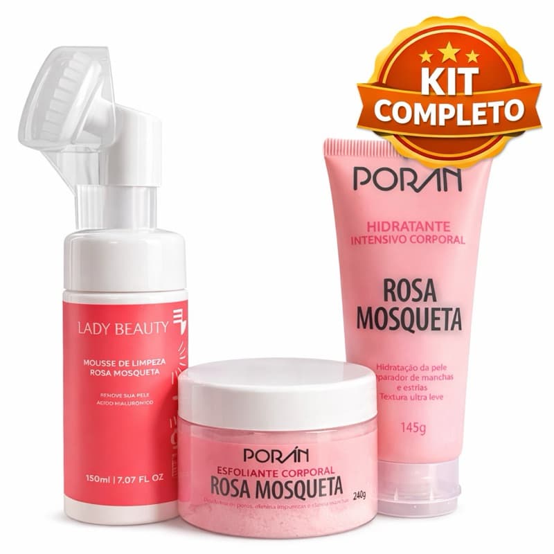 Kit Rosa Mosqueta Spa 3 Passos Limpeza Esfoliação Hidratação Corporal Completo
