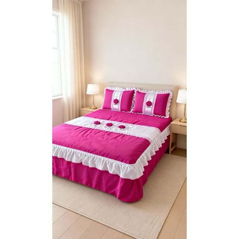 Colcha Casal Bordada de fuxicoOxford 2 Fronhas Babado Luxo Elegante Cama Posta Confortável