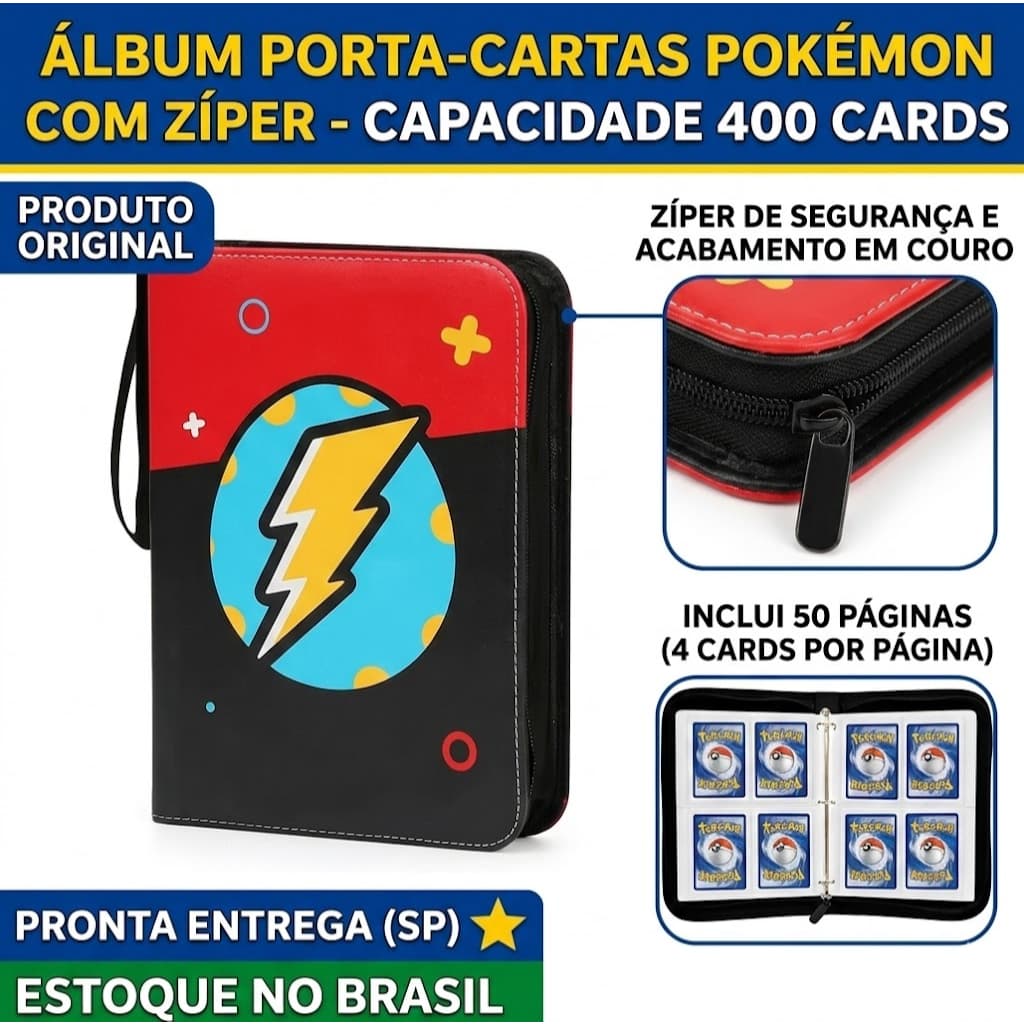 Álbum de Cartas Pokémon Couro com Zíper - Porta Cards 400 Fotos 50 Páginas - Pronta Entrega Brasil