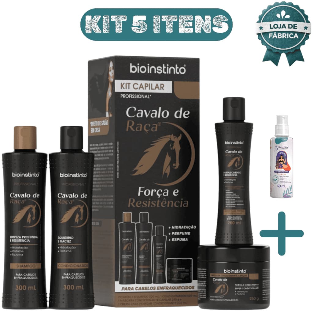 Kit Capilar Cavalo de Ra莽a Bio Instinto 5 Itens + Desodorante 脥ntimo Algod茫o Doce For莽a, Crescimento