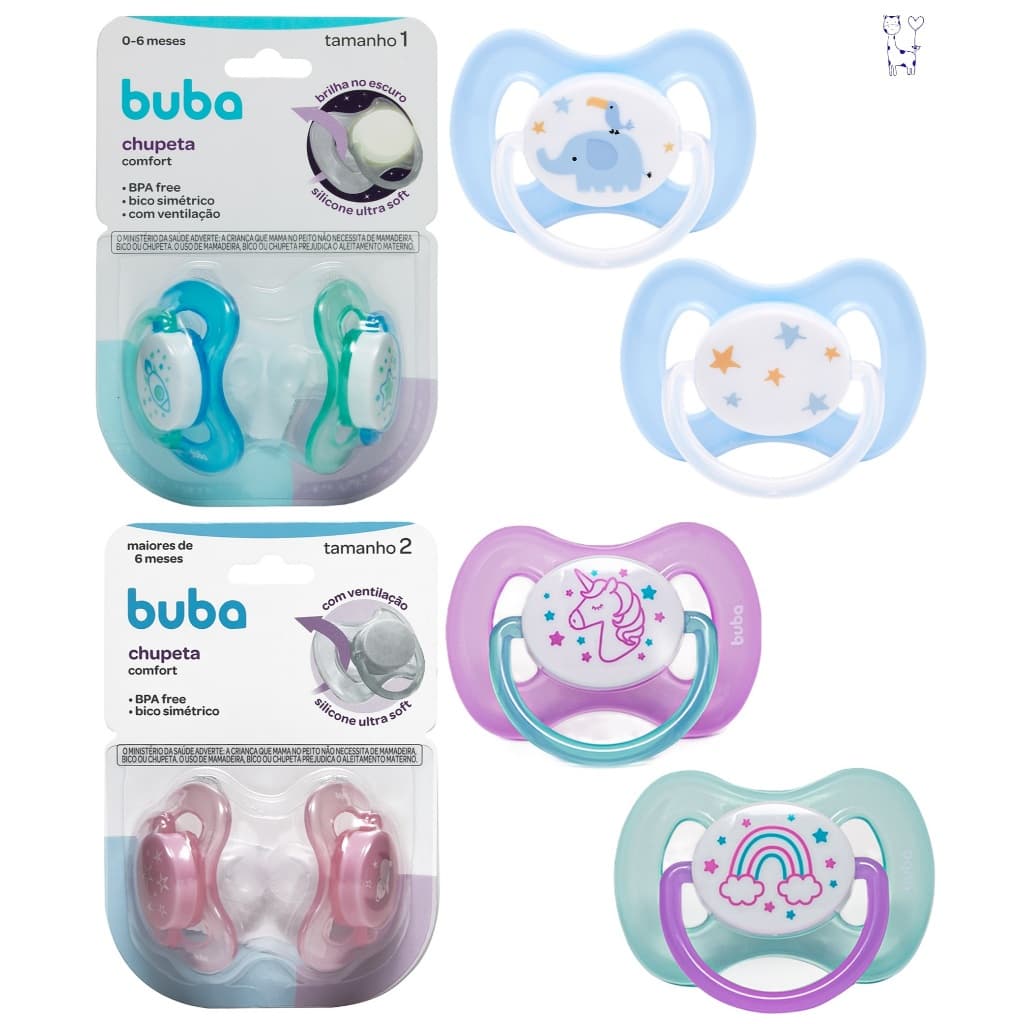 Kit 2 Chupetas Buba Silicone Ortodôntica Comfort Anti Cólicas Bebê RN Tam 1 e 2