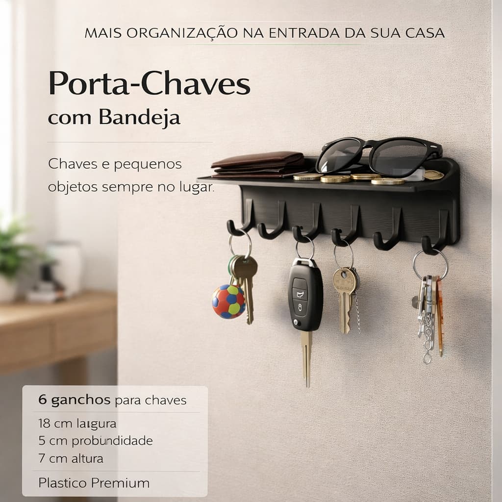 🔑Porta Chaves com 6 Ganchos e Bandeja Organizador Parede Sem Furar Multiuso Decorativo Compacto Casa