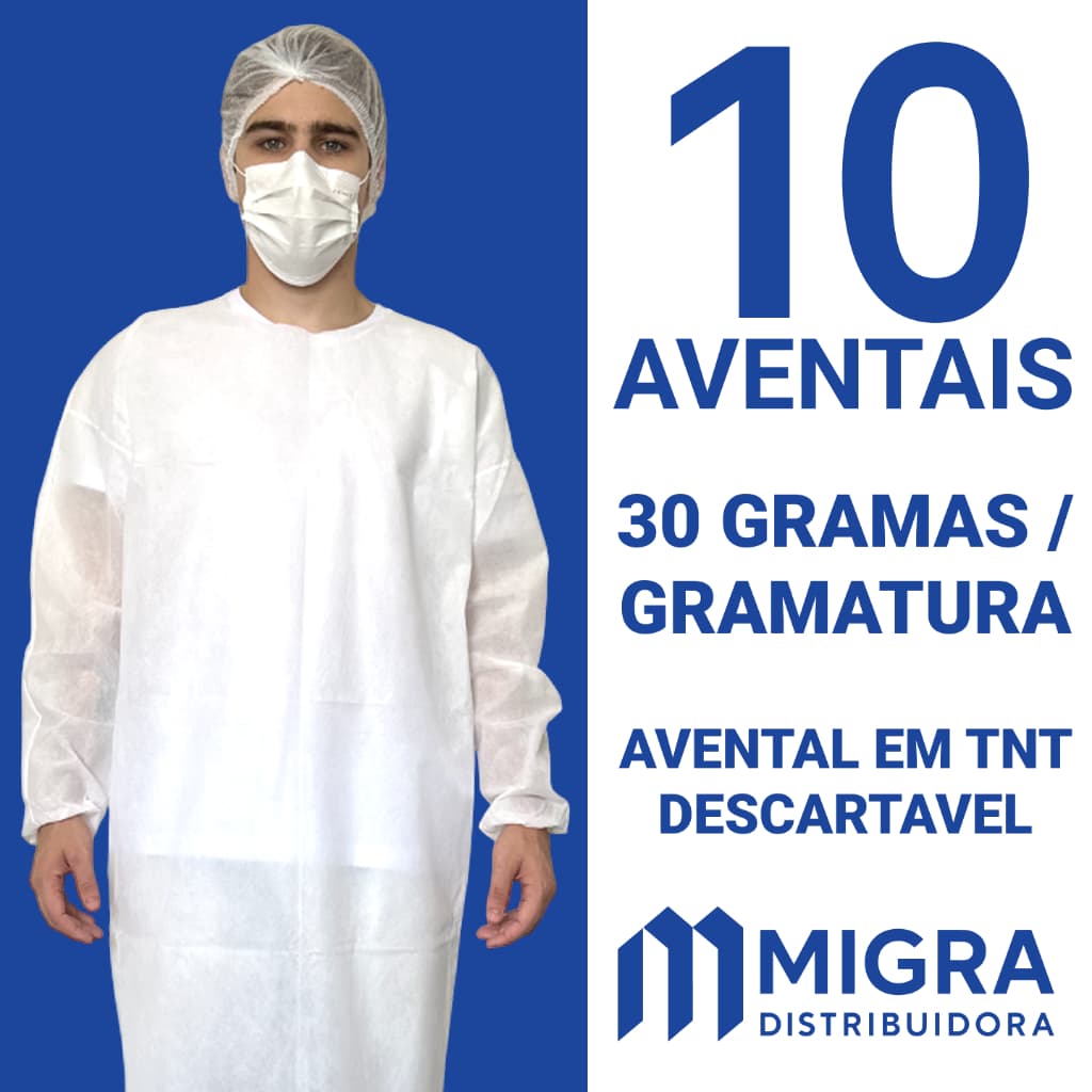 Avental Descartável 30g Kit 10 Un Manga Longa Jaleco Capote TNT Gramatura Não Estéril Migra