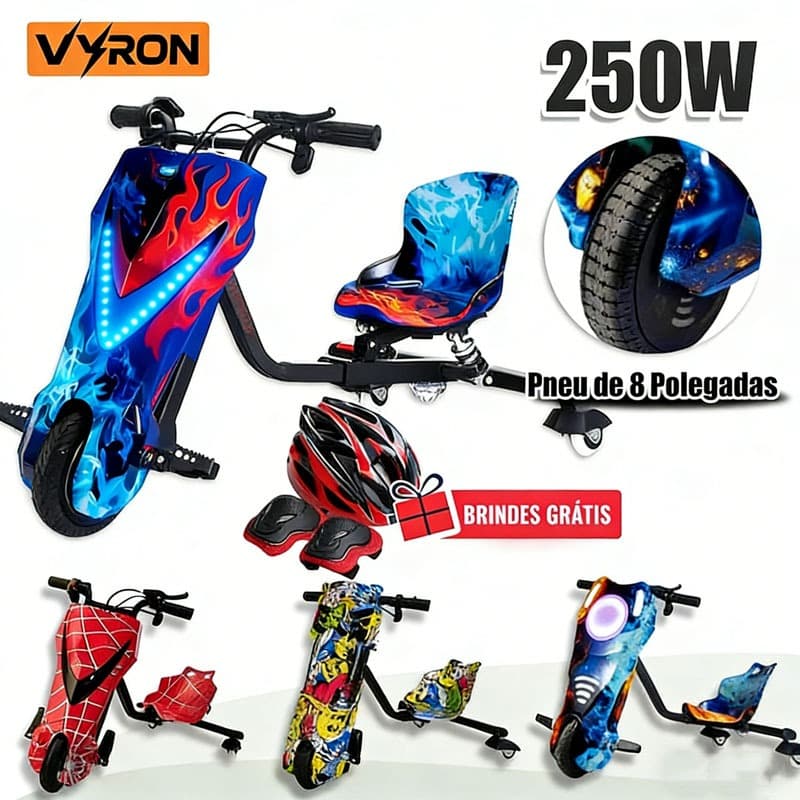Drift Trike Elétrico VYRON 36V 250/350W - Moto Elétrica Infantil com 3 Velocidades Ajustáveis e Autonomia de 25KM