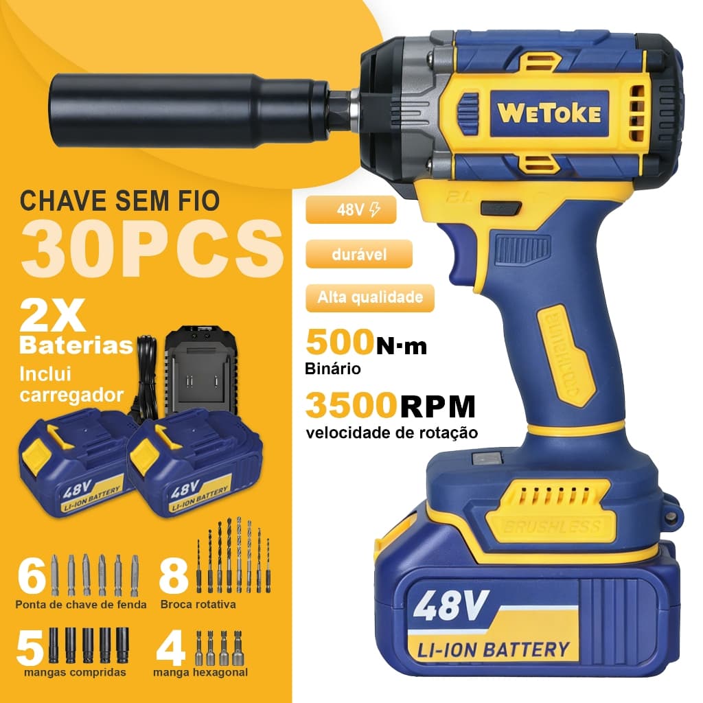 Chave De Impacto Parafusadeira Profissional 48v 500n.m Sem Fio 2 Baterias Bivolt E Acessórios WK-010