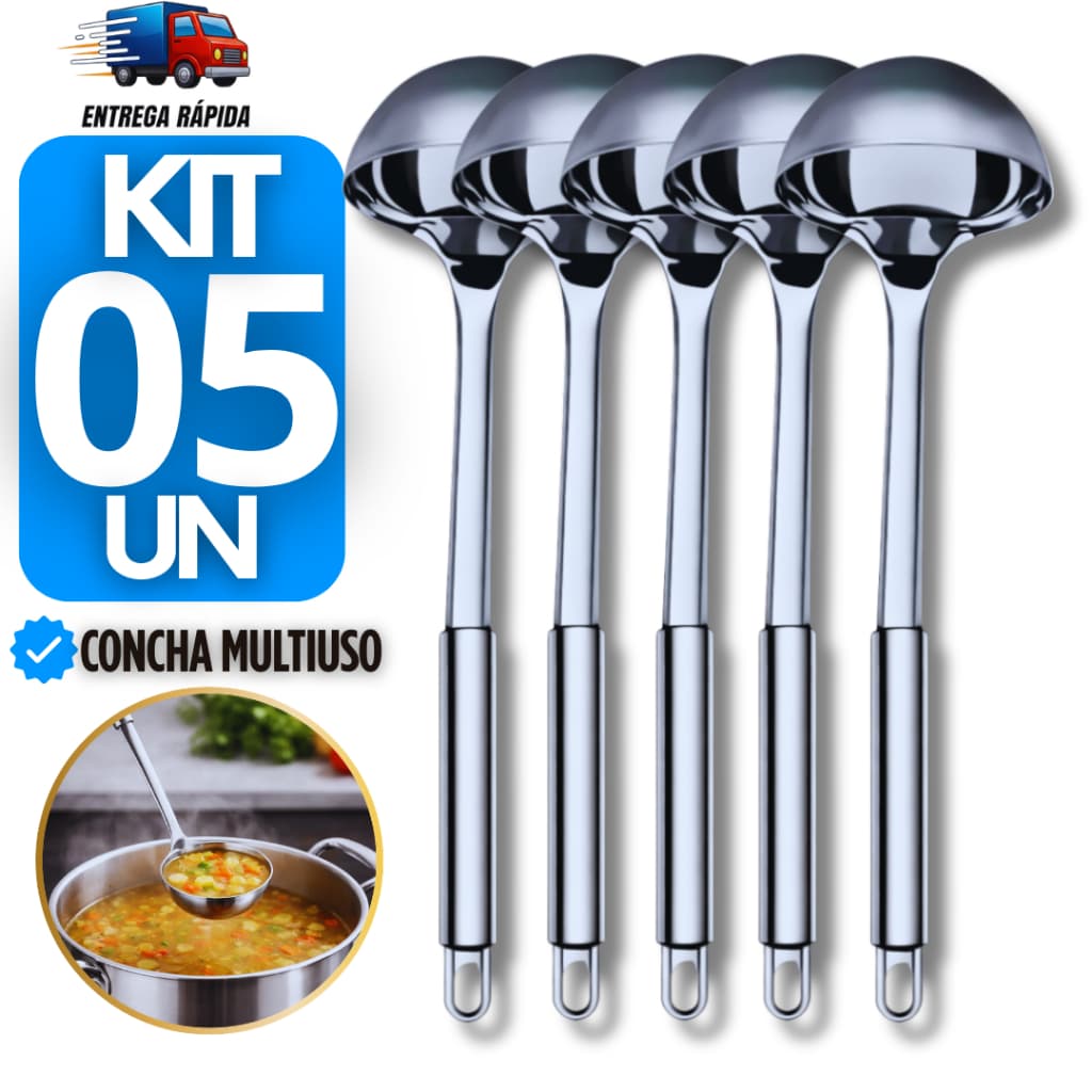 Jogo 5 Conchas de Inox – Resistentes, Modernas e com Brilho Inox para Servir Sopas e Molhos Concha