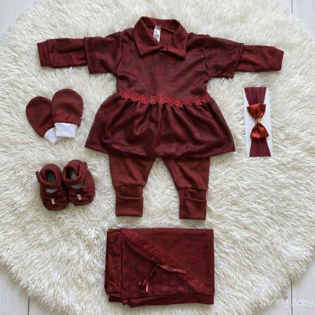 Saída Maternidade Luxo Vermelha Menina Kit Completo com 6 Peças Recém Nascido Feminino 100% Algodão Pronta entrega