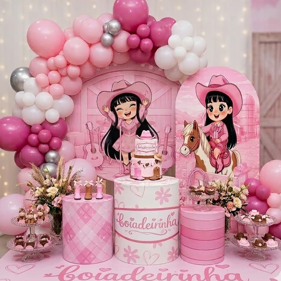 Capa Painel Redondo B0iadeira Rosa + Trio Cilindro Decoração Festa Infantil Anna C. Veste Fácil Bibi