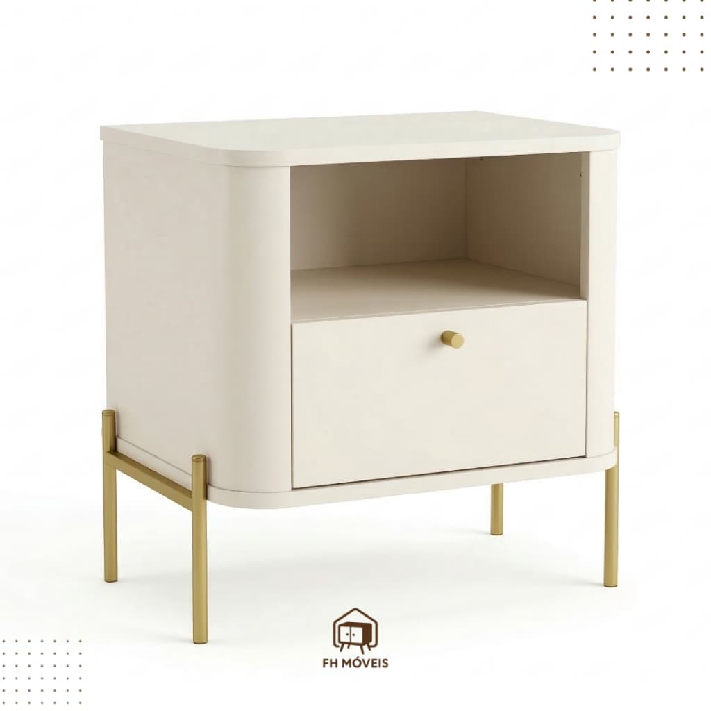 *Promoçao* Mesa de Cabeceira Para Quarto Tucupí Slim Cantos Curvos - Pés e Puxador Ponto em Metal