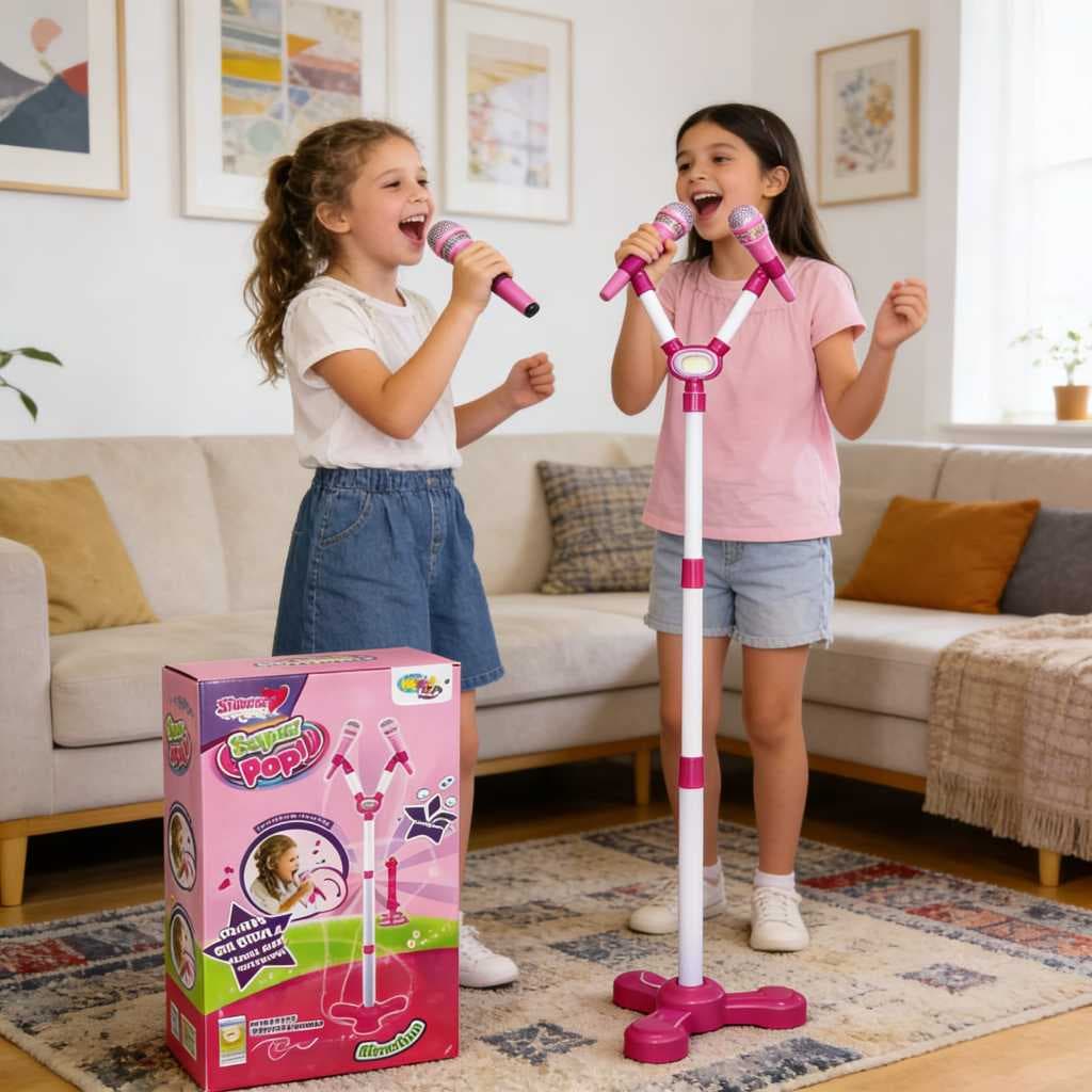 Microfone Duplo Infantil Feminino Com Pedestal