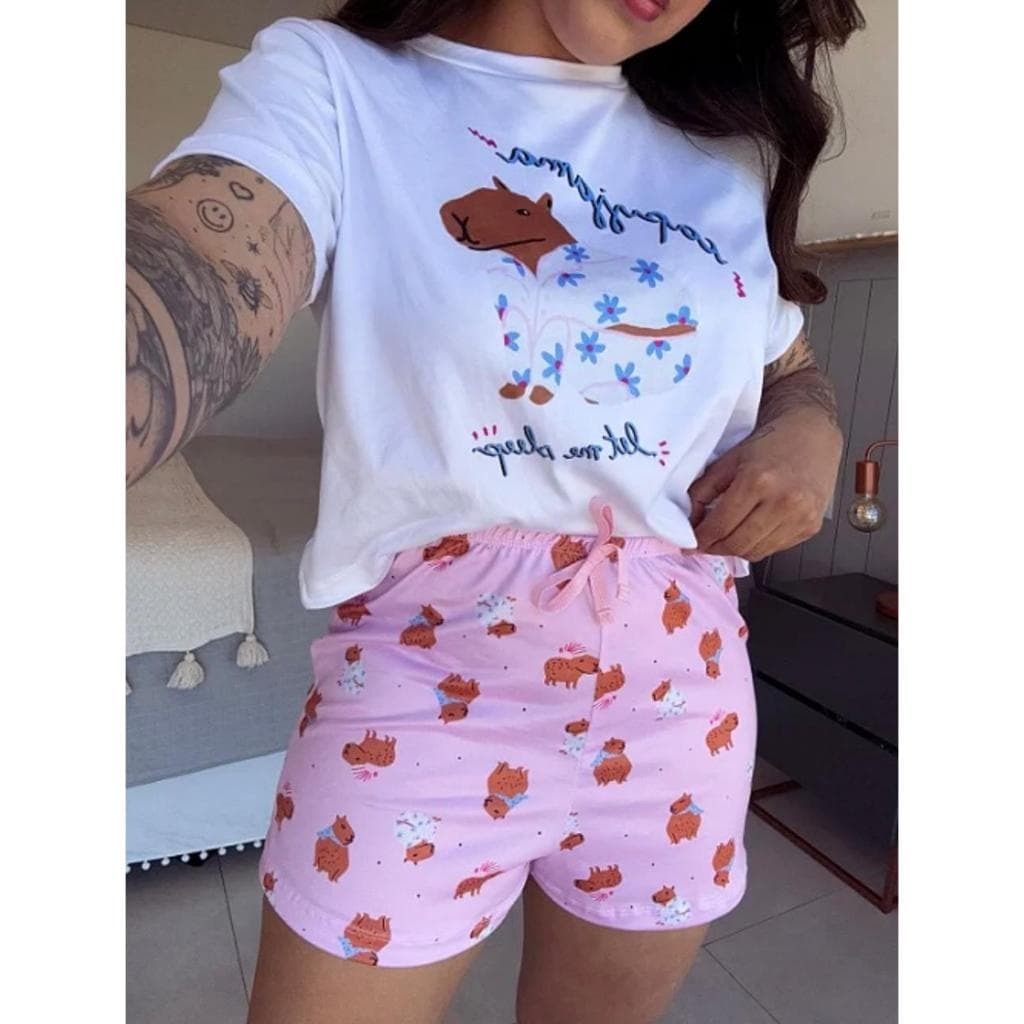 Pijama Short Doll Baby Doll Manga Curta Camisa  Estampado