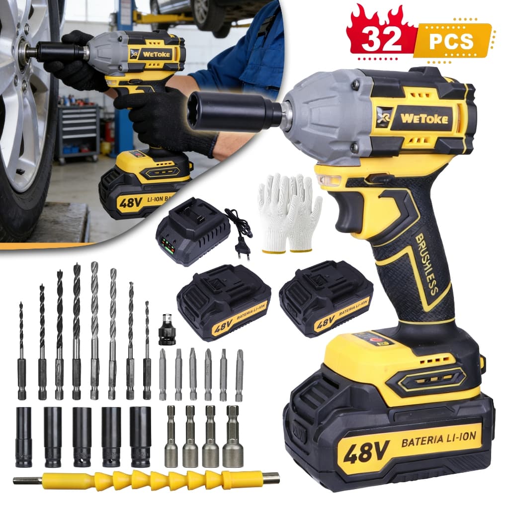 Chave de Impacto Profissional com 2 Baterias 48V de Litio recarregável portátil parafusadeira de impacto torque