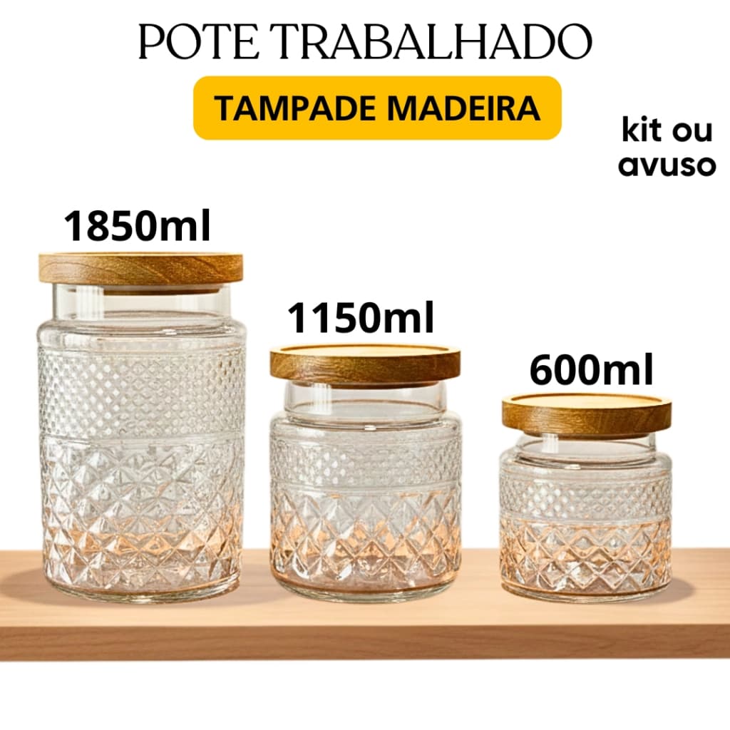 Pote de Vidro Avulso ou kit com Tampa de Madeira e Vedação em Silicone Hermética