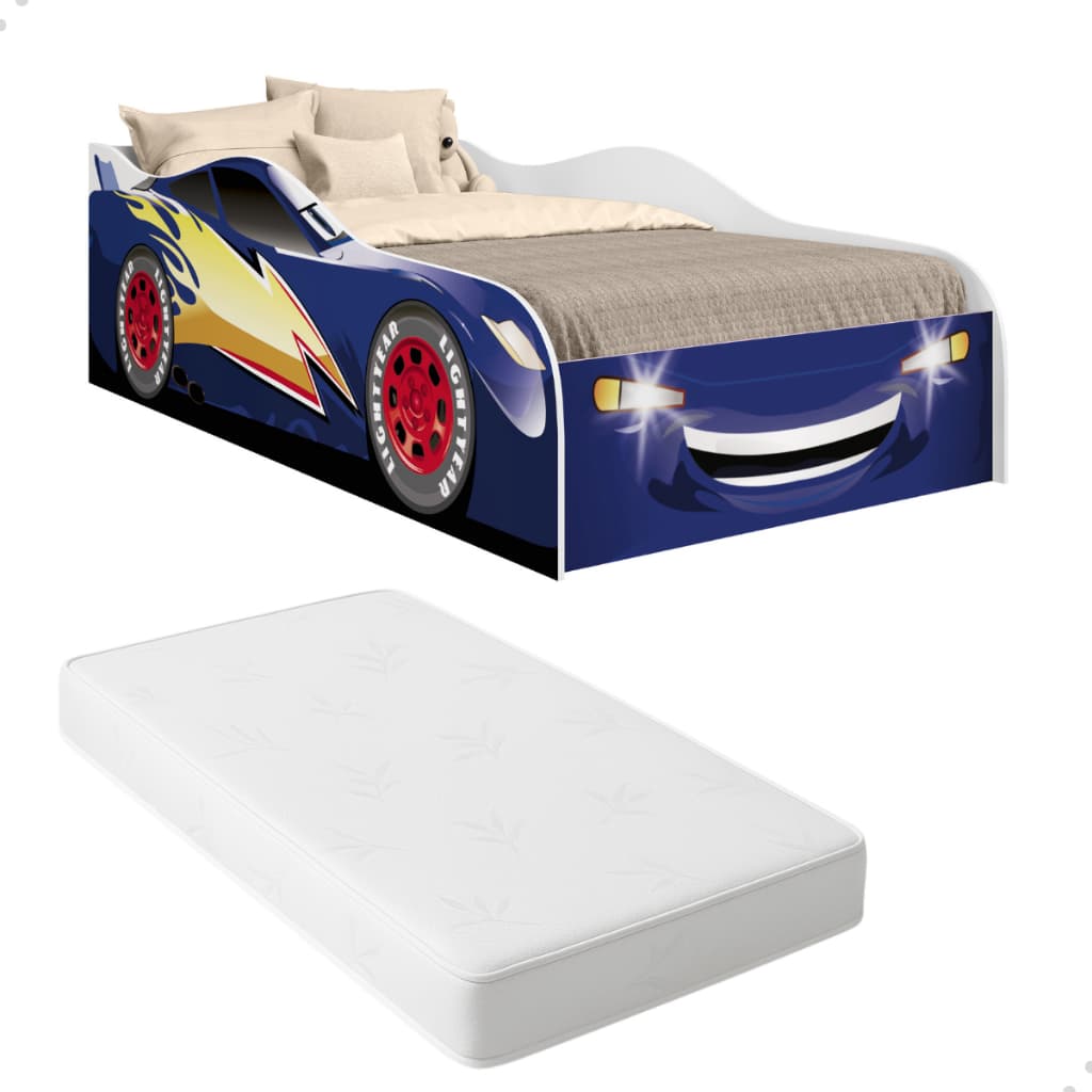 Cama Montessoriana Mdf Desenho Carro Quarto Infantil Temático C/ Colchão Adesivada Relâmpago McQueen