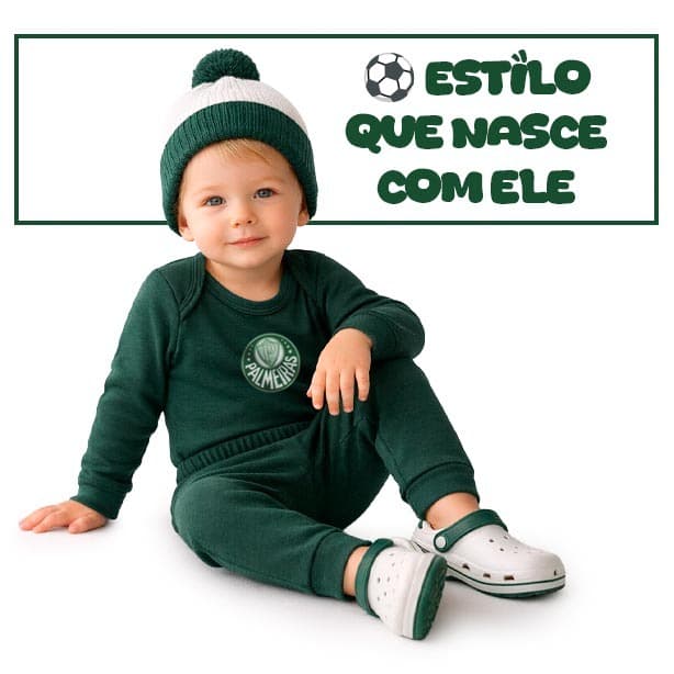 Conjunto Body Térmico Palmeiras Peluciado Brasão de Time Infantil Bebê Tamanho P ao 3 Anos