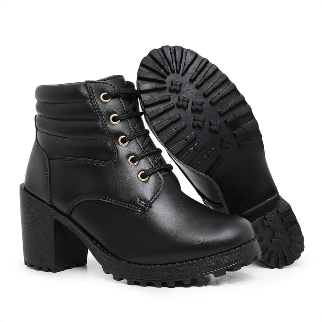 Bota Feminina Tratorada de Salto Grosso Cano Curto Estilosa