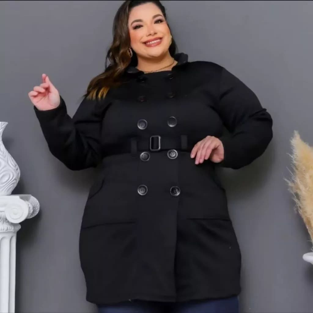 Casaco Plus Size Feminino Sobretudo de Moletom Inverno com Botões, Bolsos e Cinto