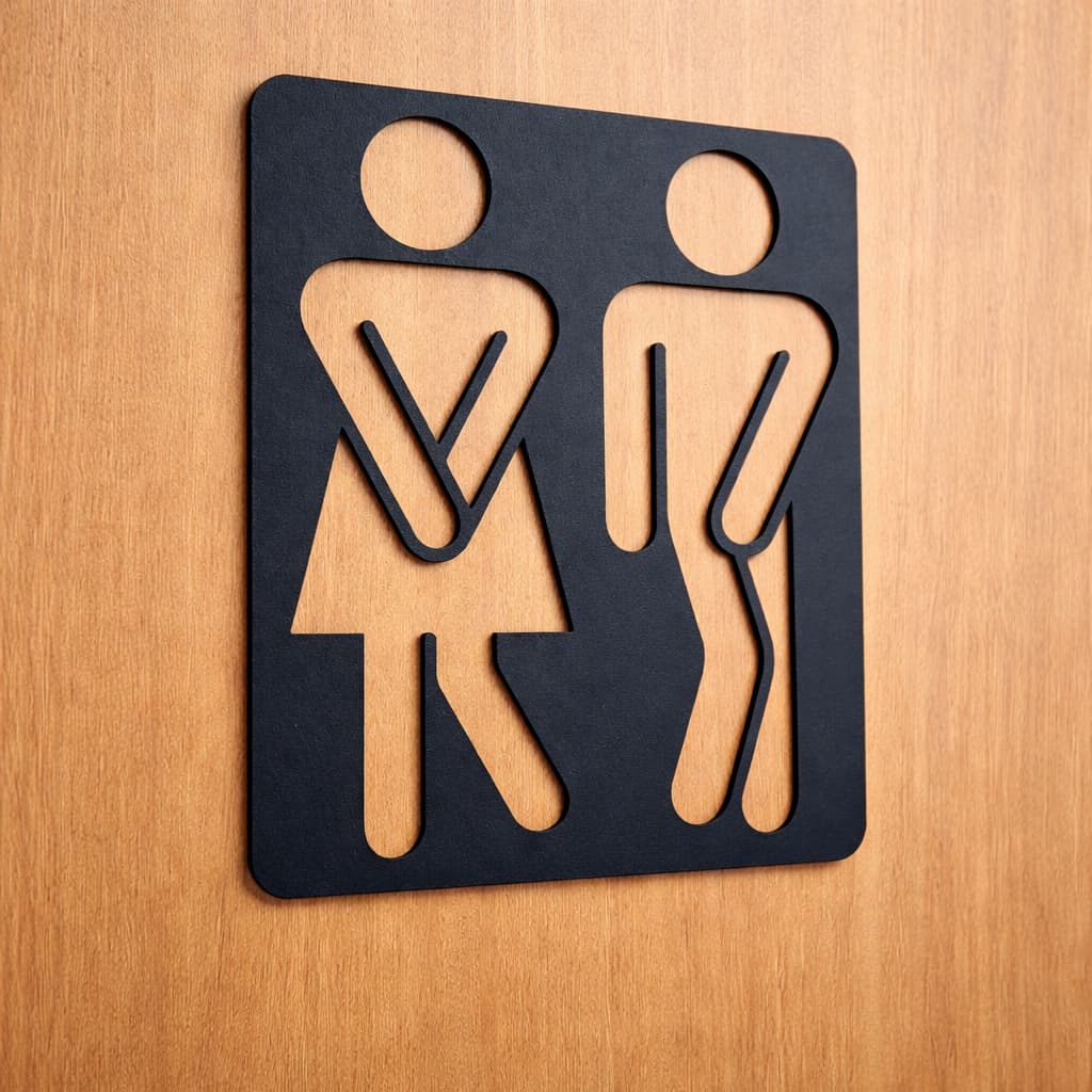 Placa Porta Banheiro Engraçada WC Apertados MDF | Sinalização Decorativa Vazada com Fita Dupla Face