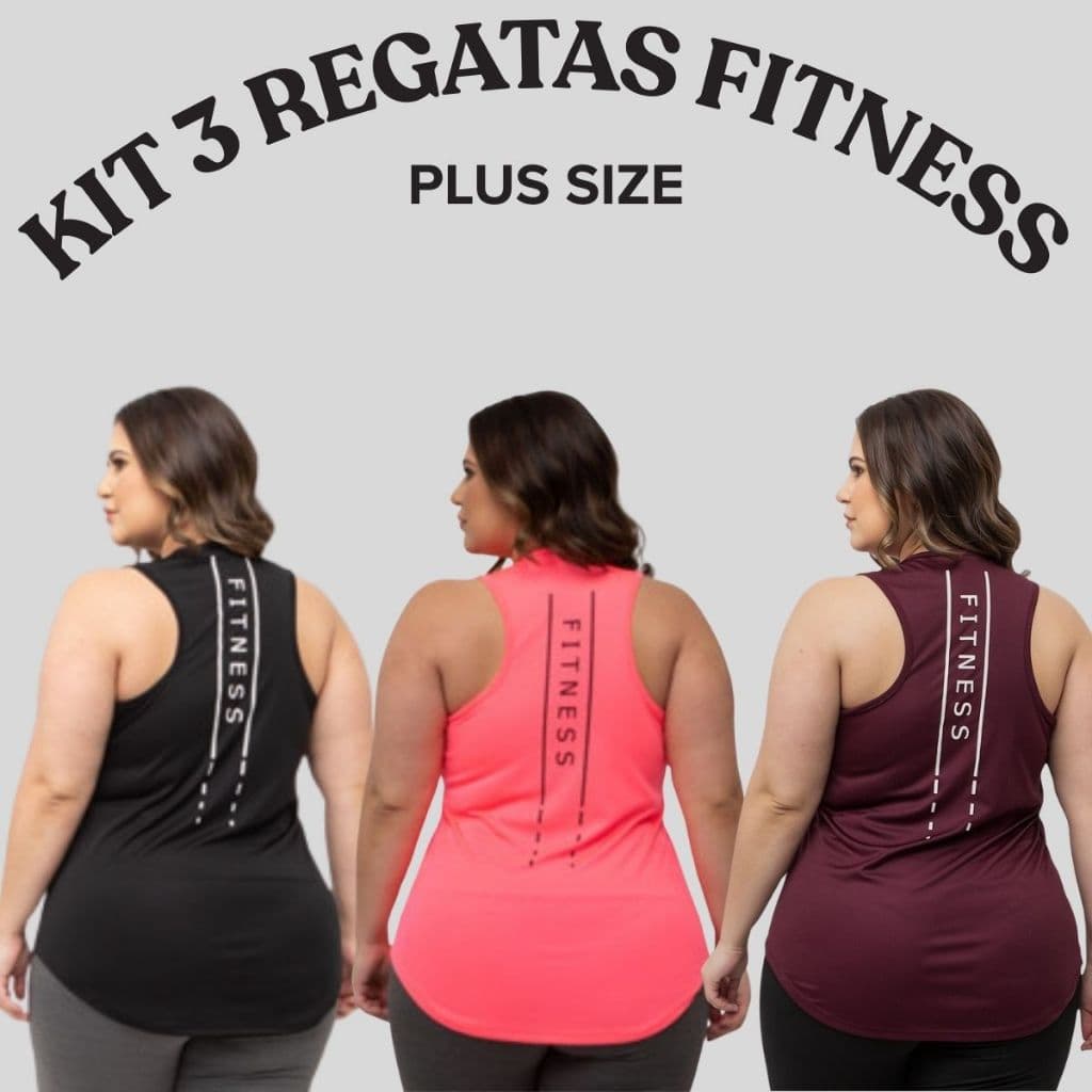 Kit com 3 Regatas Plus Size Fitness Leve Confortável Academia