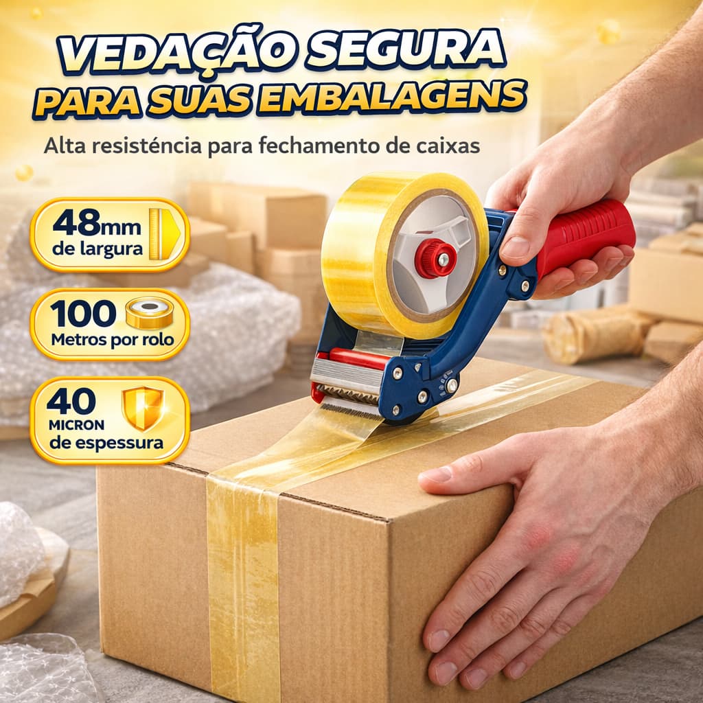 Kit 12 Fita Adesiva Transparente 48mm x 100m 40mic Para Embalagem e Fechamento de Caixas