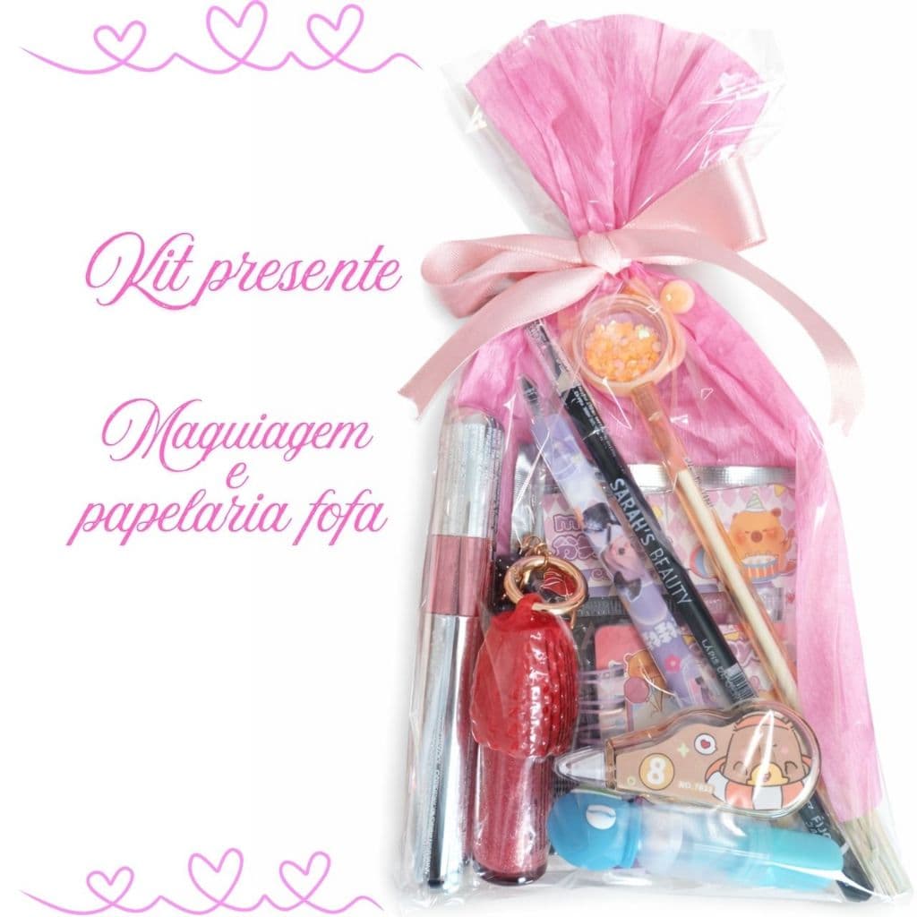 Kit papelaria Presente Kawaii Completo | Caderno Fofo + Gloss Viral + Rímel + Caneta + Máscaras | Escolar e Maquiagem