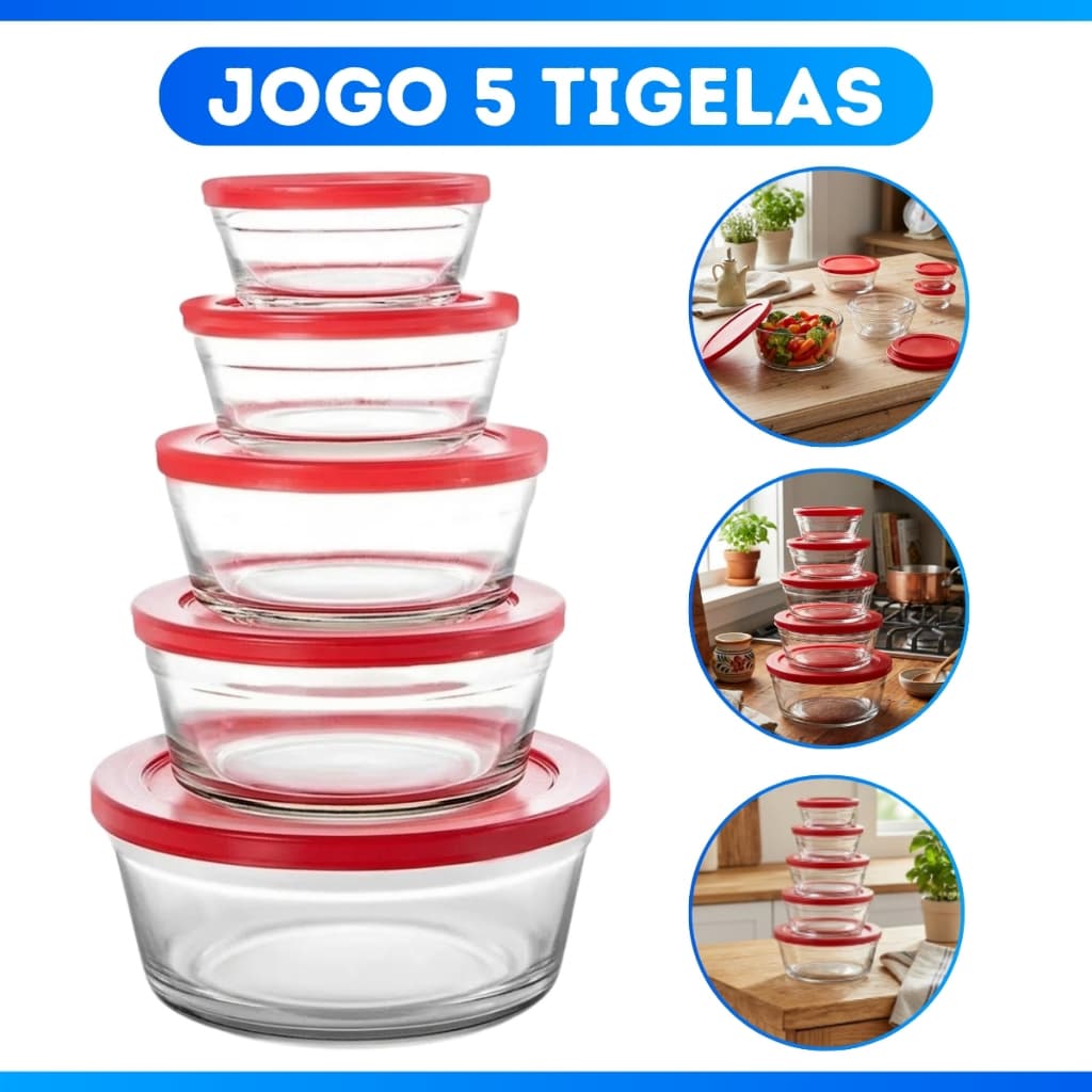 Conjunto 5 Potes Vidro Com Tampa Jogo De Vasilhas Tigelas - Entrega Rápida