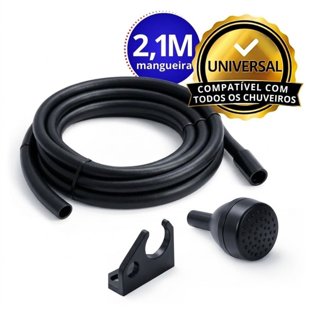 Kit Mangueira preta 2,1m chuveiro chuveirinho com suporte branca universal box banheiro limpeza
