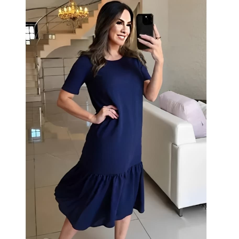 Vestido Midi Feminino Casual Soltinho Manga Curta Confortável Elegante para Dia a Dia e Passeio