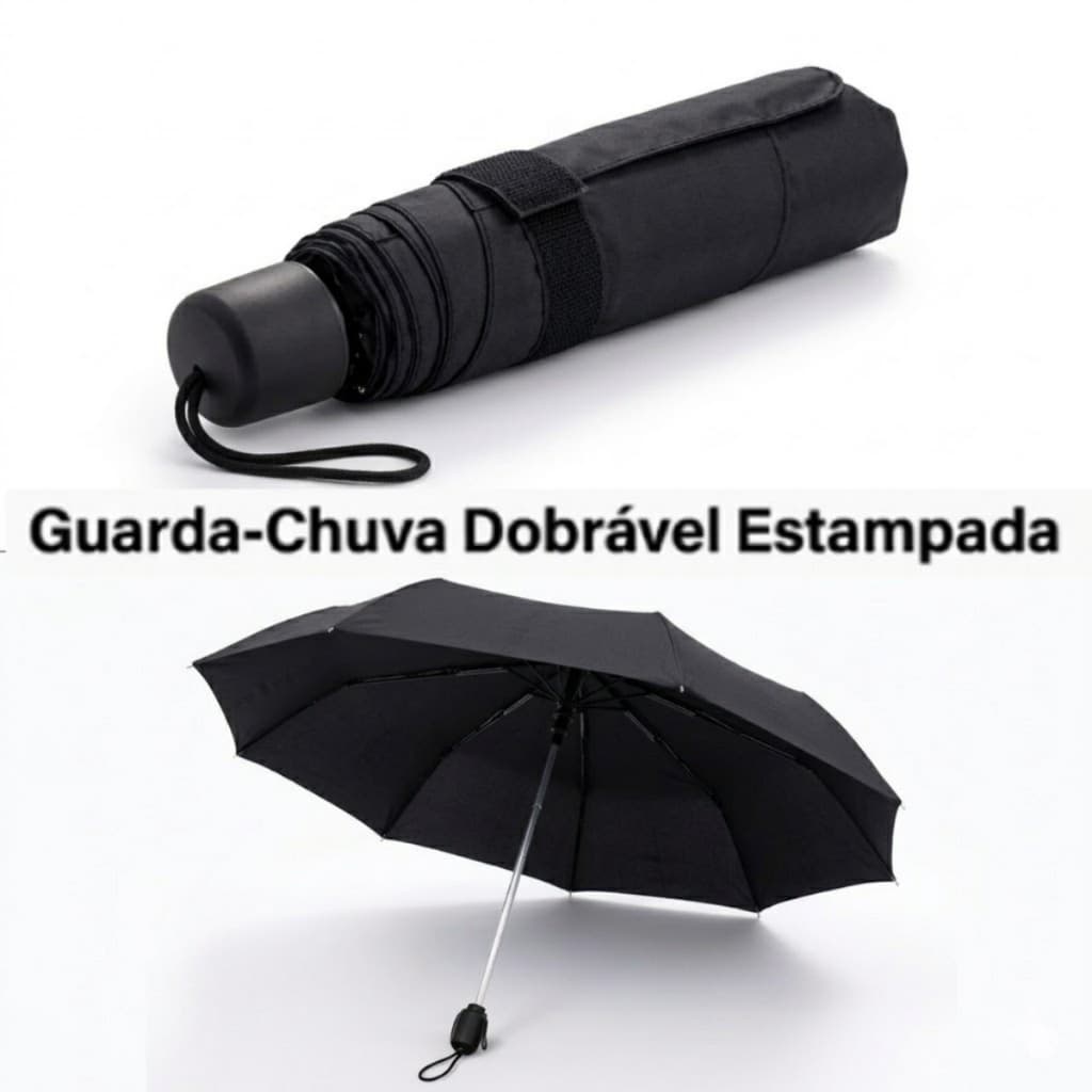 Guarda-Chuva Portátil Compacto Dobrável Estampado Proteção Contra Chuva e Sol Preto