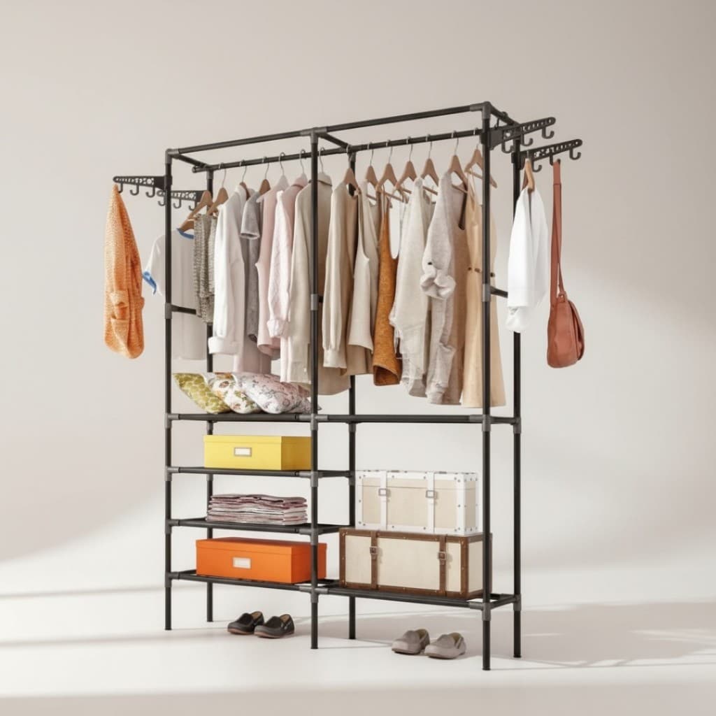 Arara Guarda-Roupa Portátil Closet Aberto Cabideiro Multifuncional com 6 Prateleiras e Ganchos Laterais