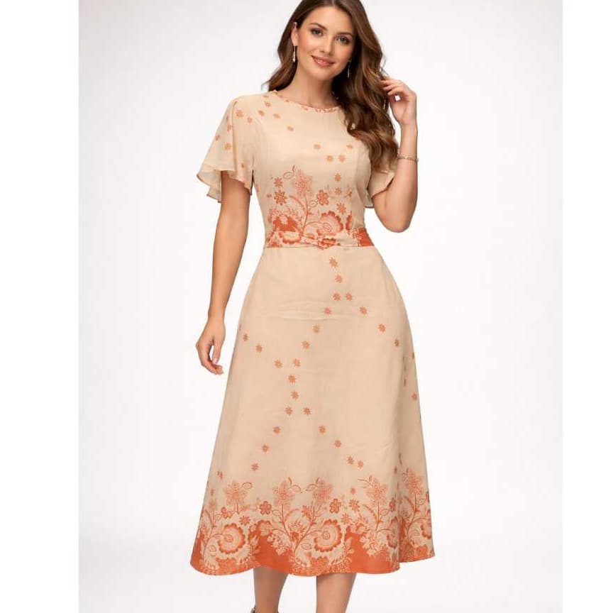 VESTIDO MIDI FEMENINO ESTAMPADO ELGANTE COM CINTO MODA CASAUL CHIC