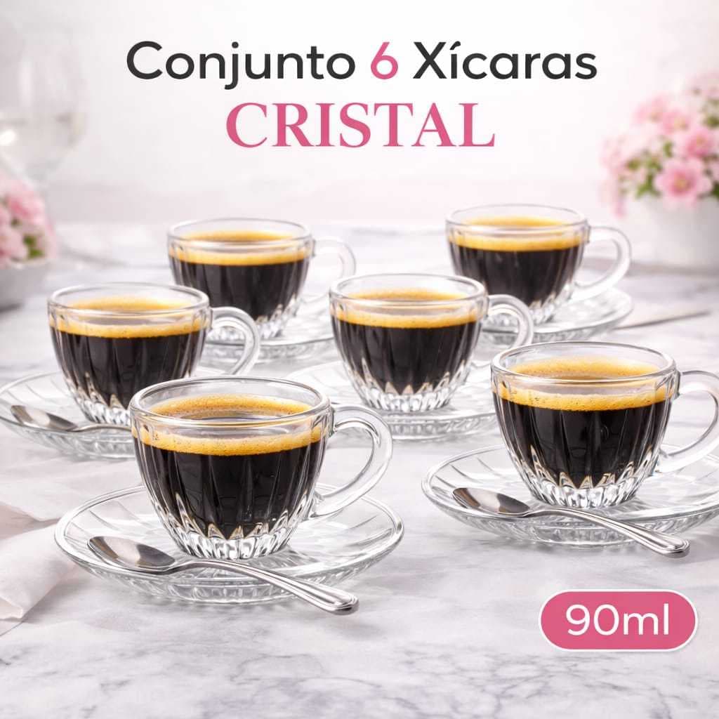 Jogo 6 Xícaras de Café Cristal 90 ml Transparente e Resistente Com Pires  Sofisticada/Elegante/Luxo