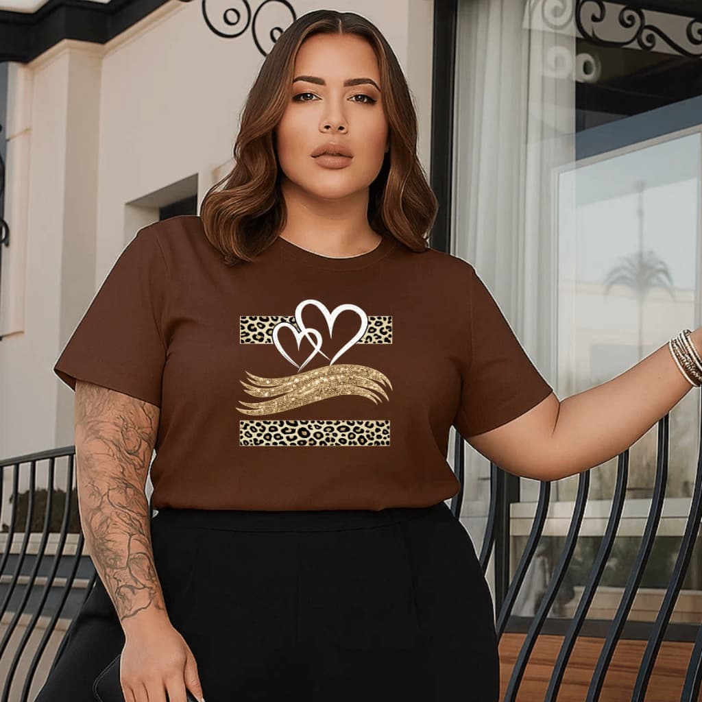 Camiseta Feminina Plus Sise Estampada Coração Riscos Blusa 100% Algodão
