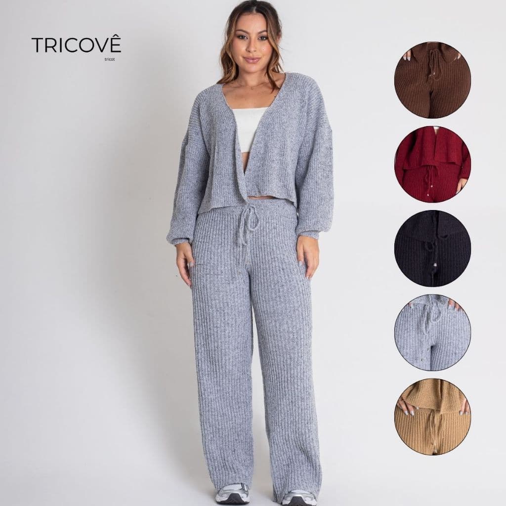 Conjunto Feminino de Tricot Mousse Canelado Ajustável Casaco Cardigan Confortável