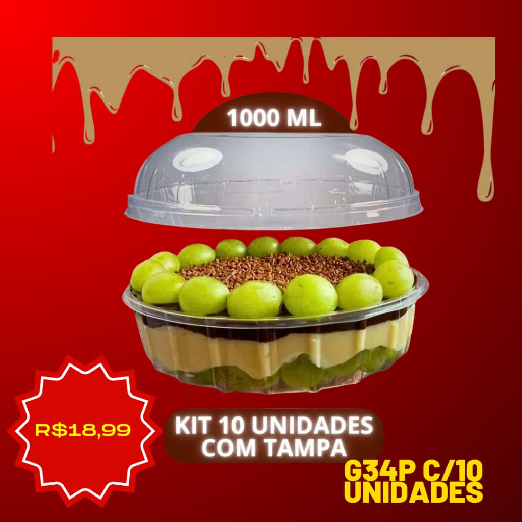 Embalagem Plástica G34P Galvanotek Transparente para Doces, Bolos e Salgados | 10 Unidades 1.000ml