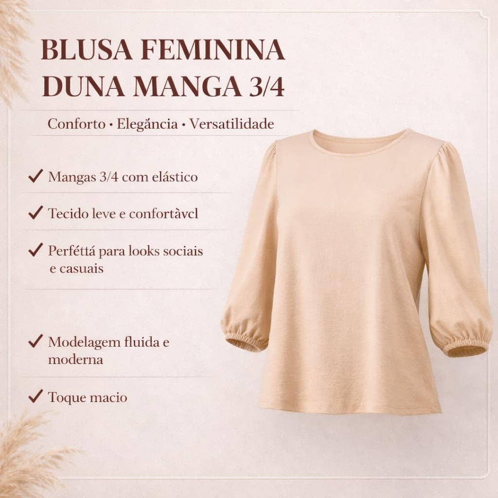 Blusa Feminina Duna Manga 3/4 Princesa Bege Social Crepe