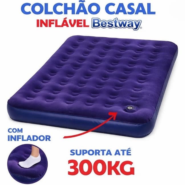 Colchão Inflável Casal Suporta 300Kg Com Inflador Embutido Fole + Kit reparo Incluso
