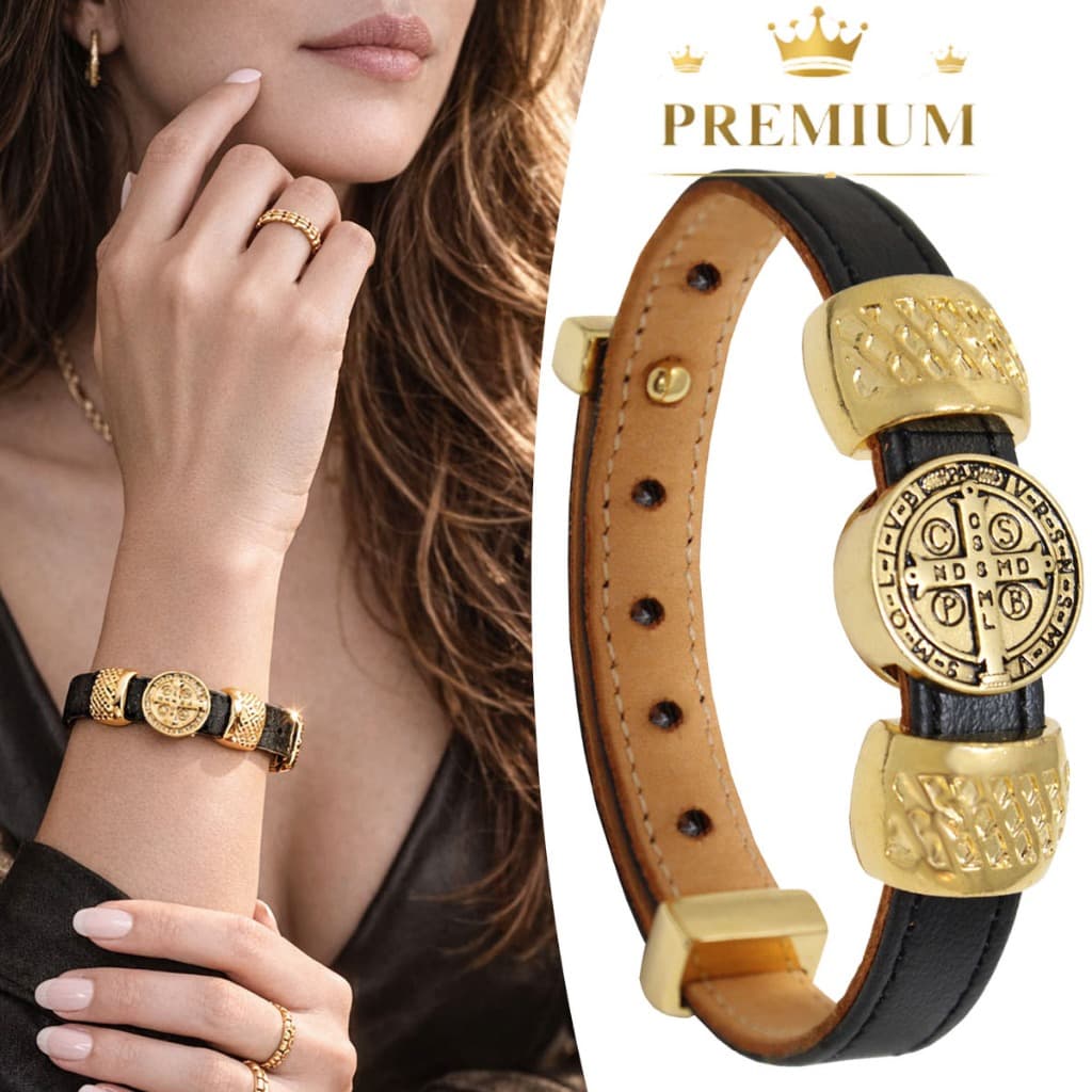 Pulseira Feminina Dourada De Couro Medalha De São Bento - Modelos