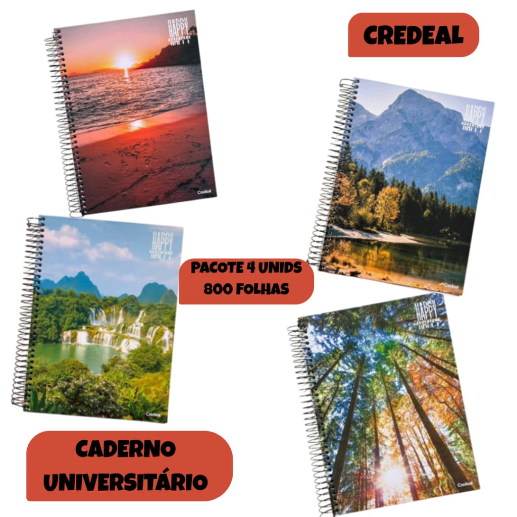 Caderno Universitário (PACOTE COM 4 UNIDADES) Capa Dura 10 Matérias Com 200 Folhas HAPPY ADVENTURE Escolar Credeal.