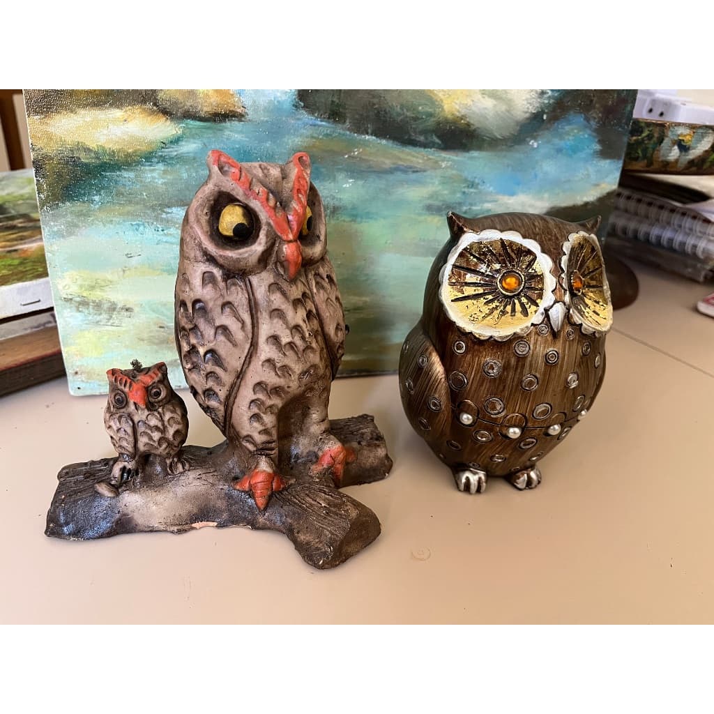 coruja decorativa Coruja mãe e filhote corujinha e olhos dourados 2 modelos
