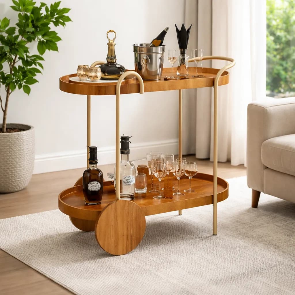 Carrinho Oval Com 2 Prateleiras De Bar Dourado Com Madeira