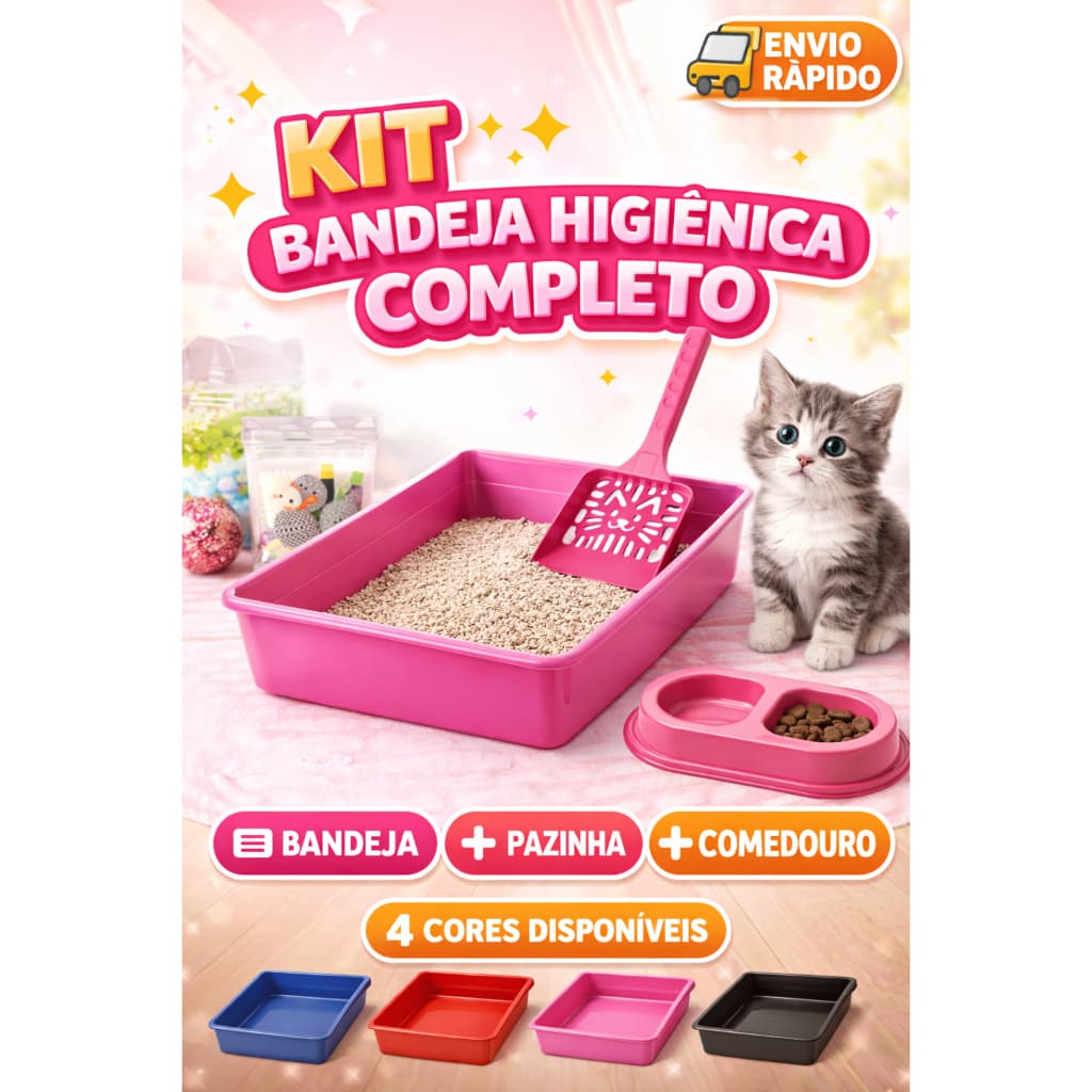 Caixa de Areia para Gato + Pá + Comedouro Kit Bandeja Higiênica Pet 4 Cores