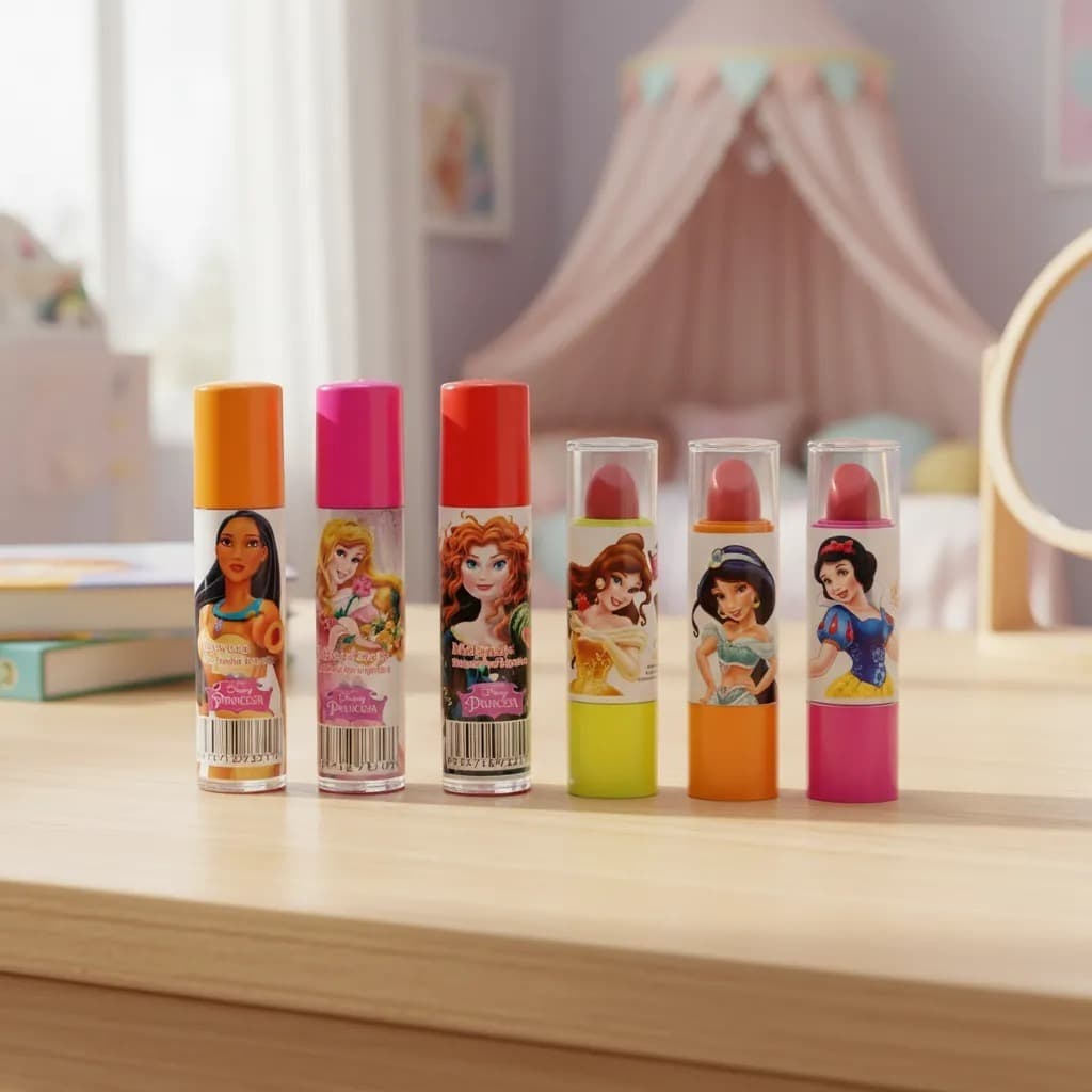 Kit Infantil com 3 Batons + 3 Gloss das princesas.