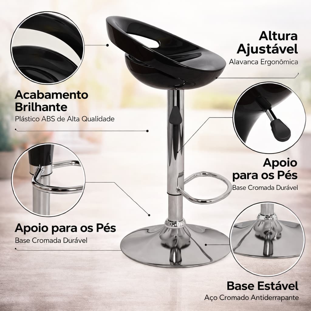 Kit 2 un Banqueta Tulipa Alta Giratório Encosto Vazado Assento ABS Banquinho Cozinha