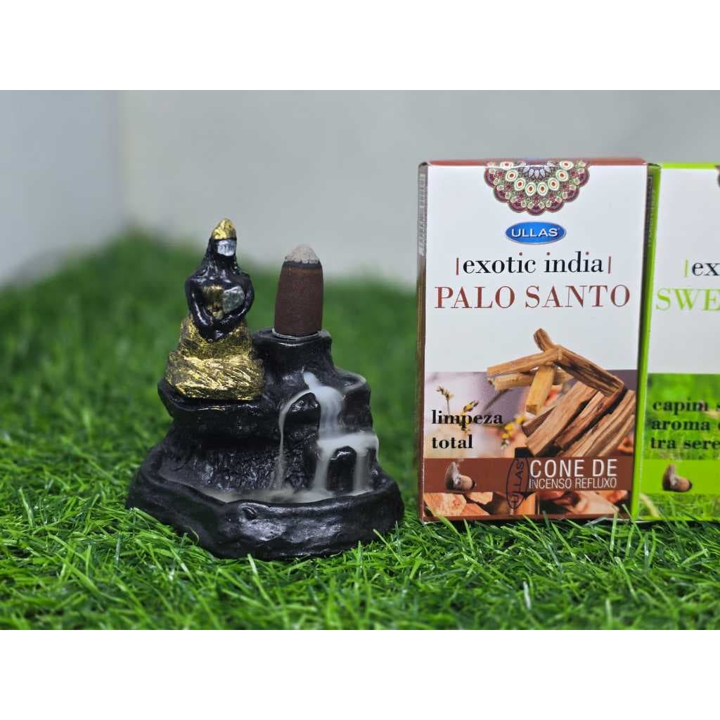 Incensário Cascata Mini Oxum Orixá + 2 Incensos Cascata Palo Santo e Sweet Grass Black Flow Incenso Cone