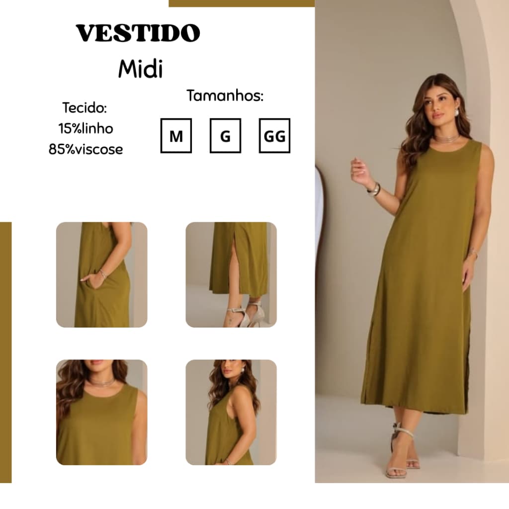 Vestido Midi Femenino de Linho com Viscose Leve Elegante Confortavel M G GG