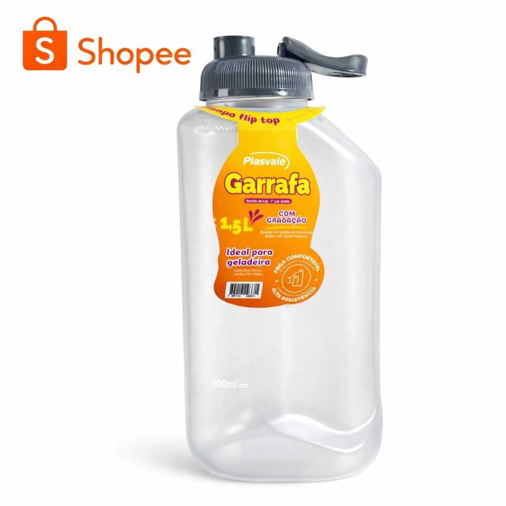 Garrafa Plástica 1,5L Plasvale Tampa Flip Top Cinza BPA Free Alta Resistência 1/2/5/10 Unidades
