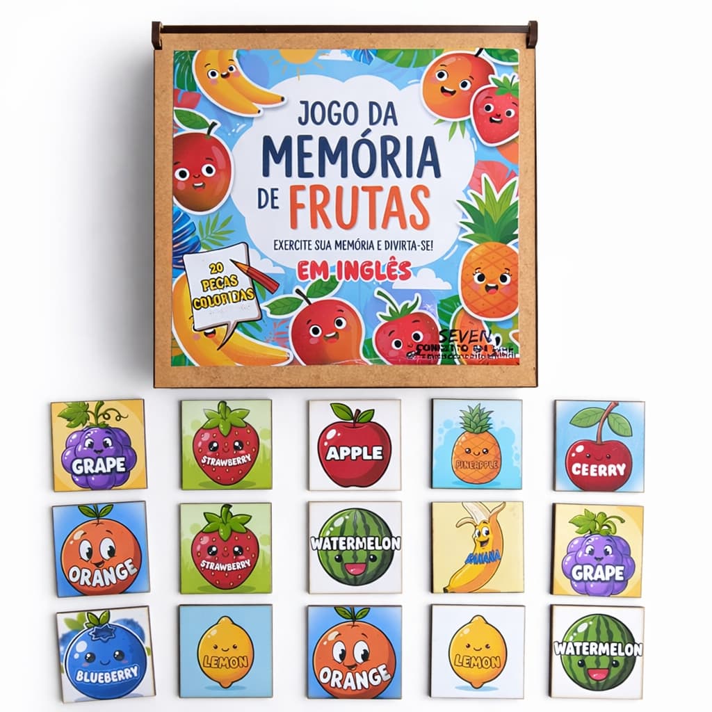 Jogo da Memória Frutas em Inglês MDF 3mm Laminado Alto Brilho 15x15cm